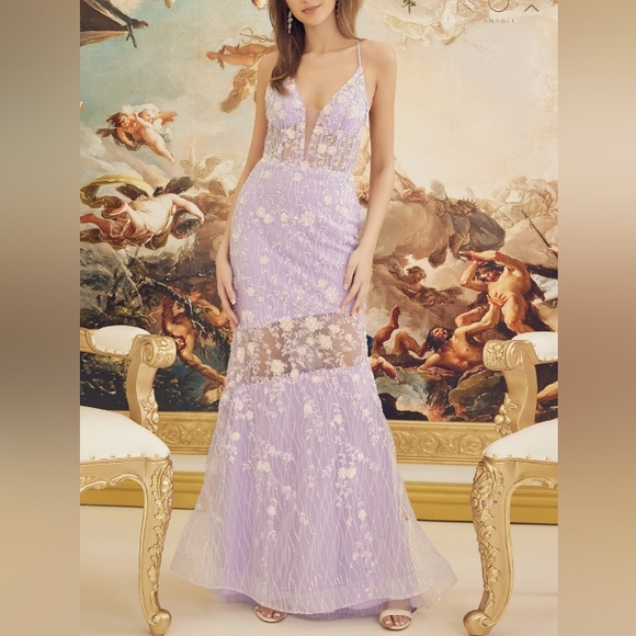 New long purple lilac floral embellished floor length sleeveless lace up open - Picture 1 of 10